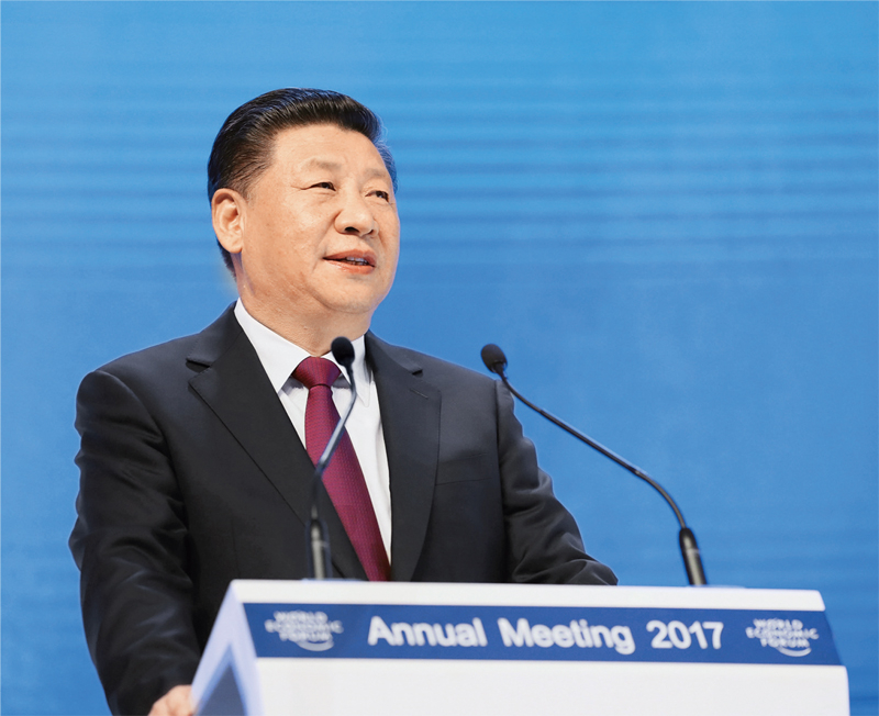 2017年1月17日，習(xí)近平主席在瑞士達(dá)沃斯國際會(huì)議中心出席世界經(jīng)濟(jì)論壇2017年年會(huì)開幕式，并發(fā)表題為《共擔(dān)時(shí)代責(zé)任 共促全球發(fā)展》的主旨演講。